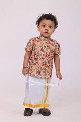 "Ivory Hand Block Printed Ajrakh Mul Cotton Fabric Boys Shirt - Elegant Craftsmanship for Special Occasions"