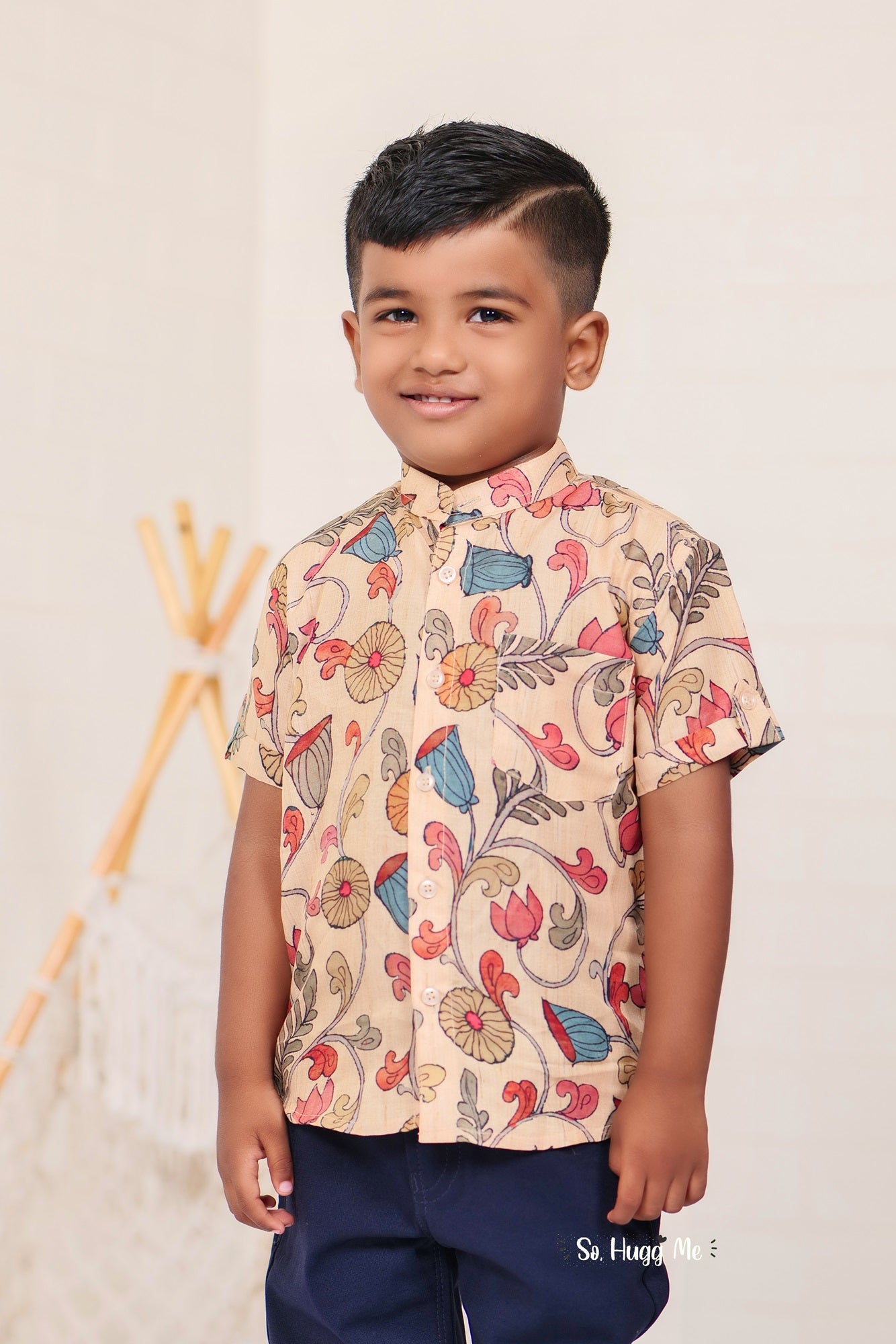 "Hand Block Printed Ajrakh Mul Cotton Boys Shirt in Cream - Classic Style with Traditional Craftsmanship"