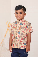"Hand Block Printed Ajrakh Mul Cotton Boys Shirt in Cream - Classic Style with Traditional Craftsmanship"
