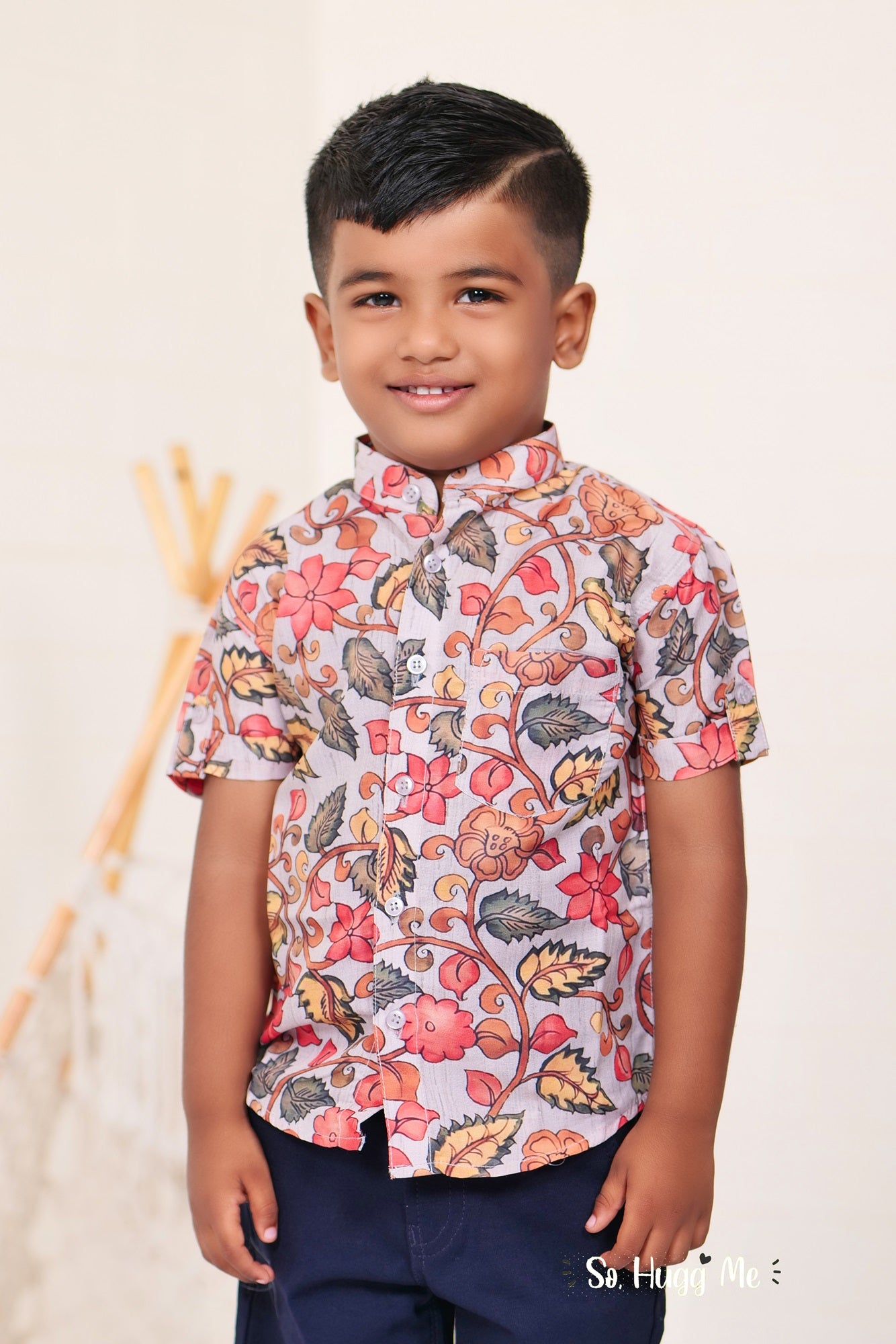 "Grey Hand Block Printed Ajrakh Mul Cotton Boys Shirt - Subtle Elegance with Artisan Detailing"