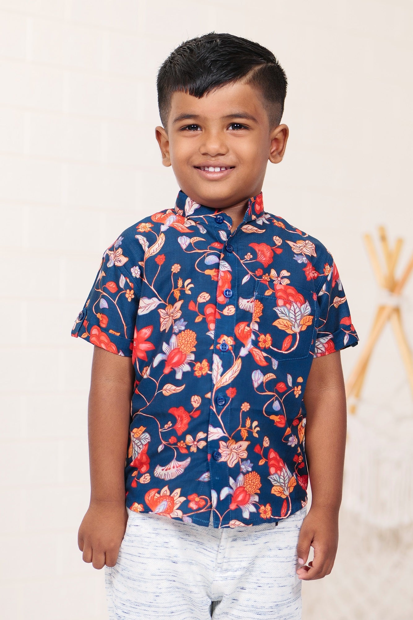 "Pure Mul Cotton Fabric Hand Block Printed Boys Shirt in Blue - Timeless Craftsmanship with a Modern Touch"