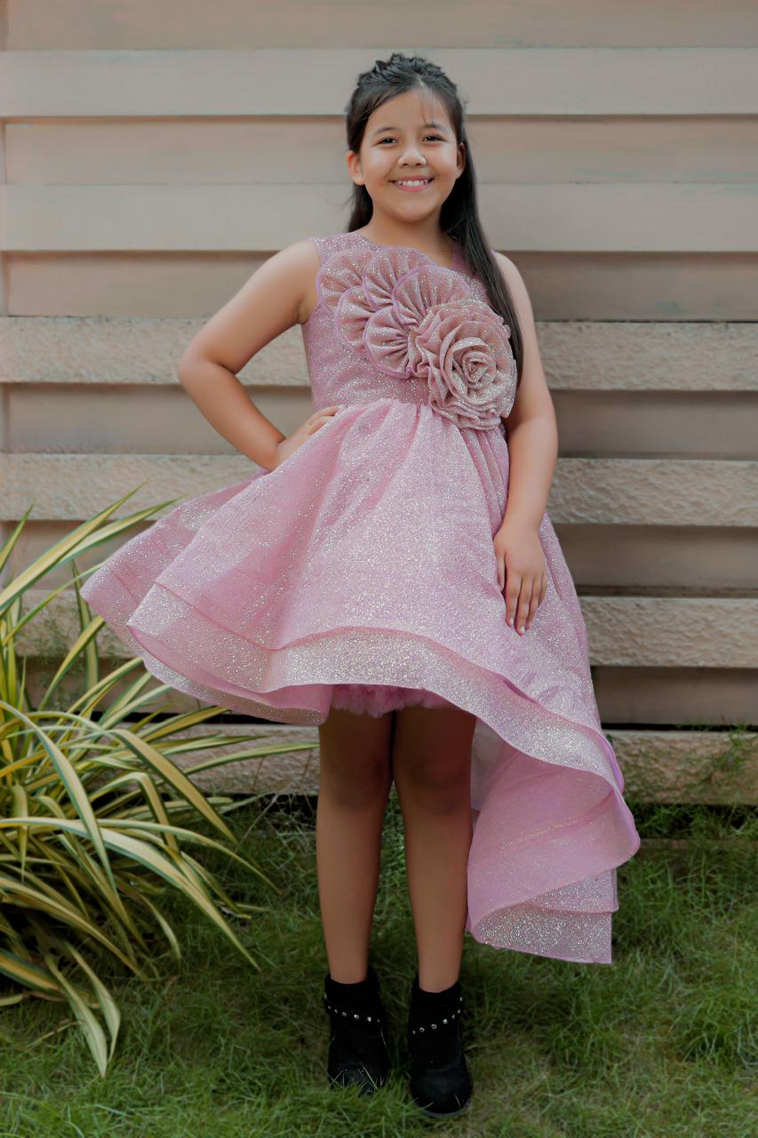 Pink Glitter High-Low Party Gown with Oversized 3D Rose Appliqué & Layered Skirt – Designer Sleeveless Dress for Girls Age 3 to 10 Years – Birthday, Wedding & Festive Wear