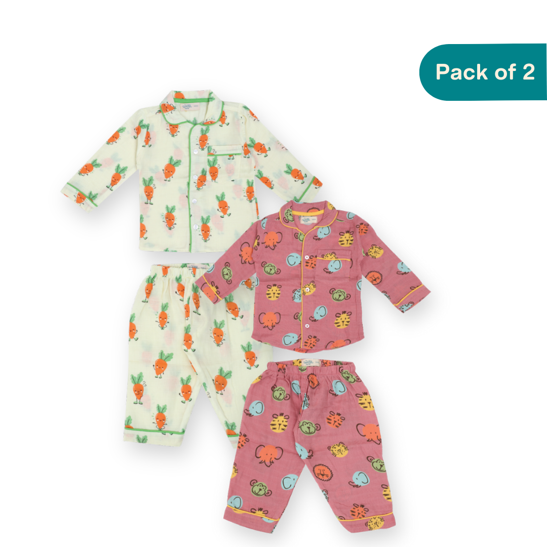 Wild Carrots (Pack of 2) - Muslin Full Sleeve Sleep Suit for babies and kids (Unisex)