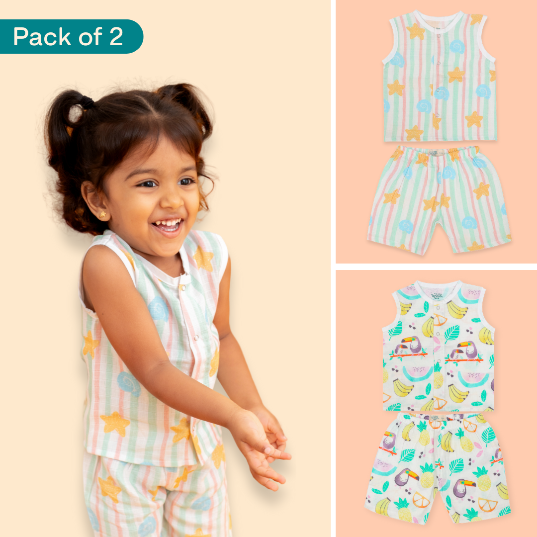 Seaside Punch - Muslin Jabla and Shorts for Babies and Toddlers - Pack of 2